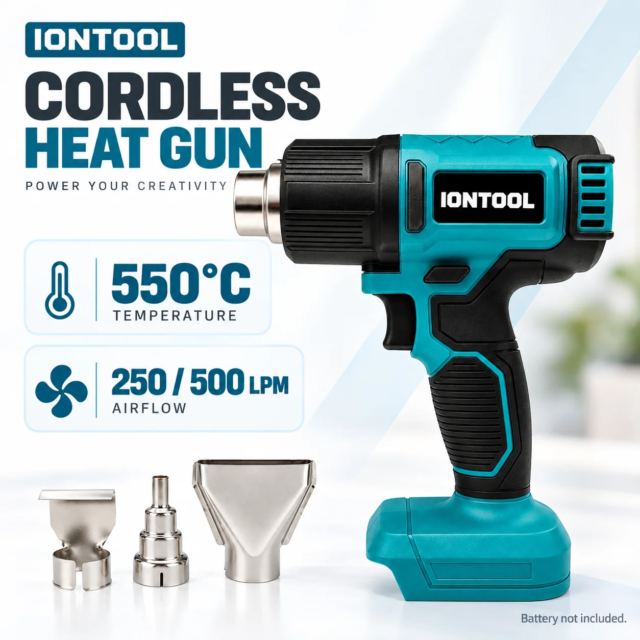Cordless Heat Gun For Shrink Tubing - IONTOOL コードレスヒートガン 550C。家庭用で、熱収縮チューブの使用、塗料の剥離、パイプの解凍、ビニールラッピング、工作物の乾燥などに使用できます。