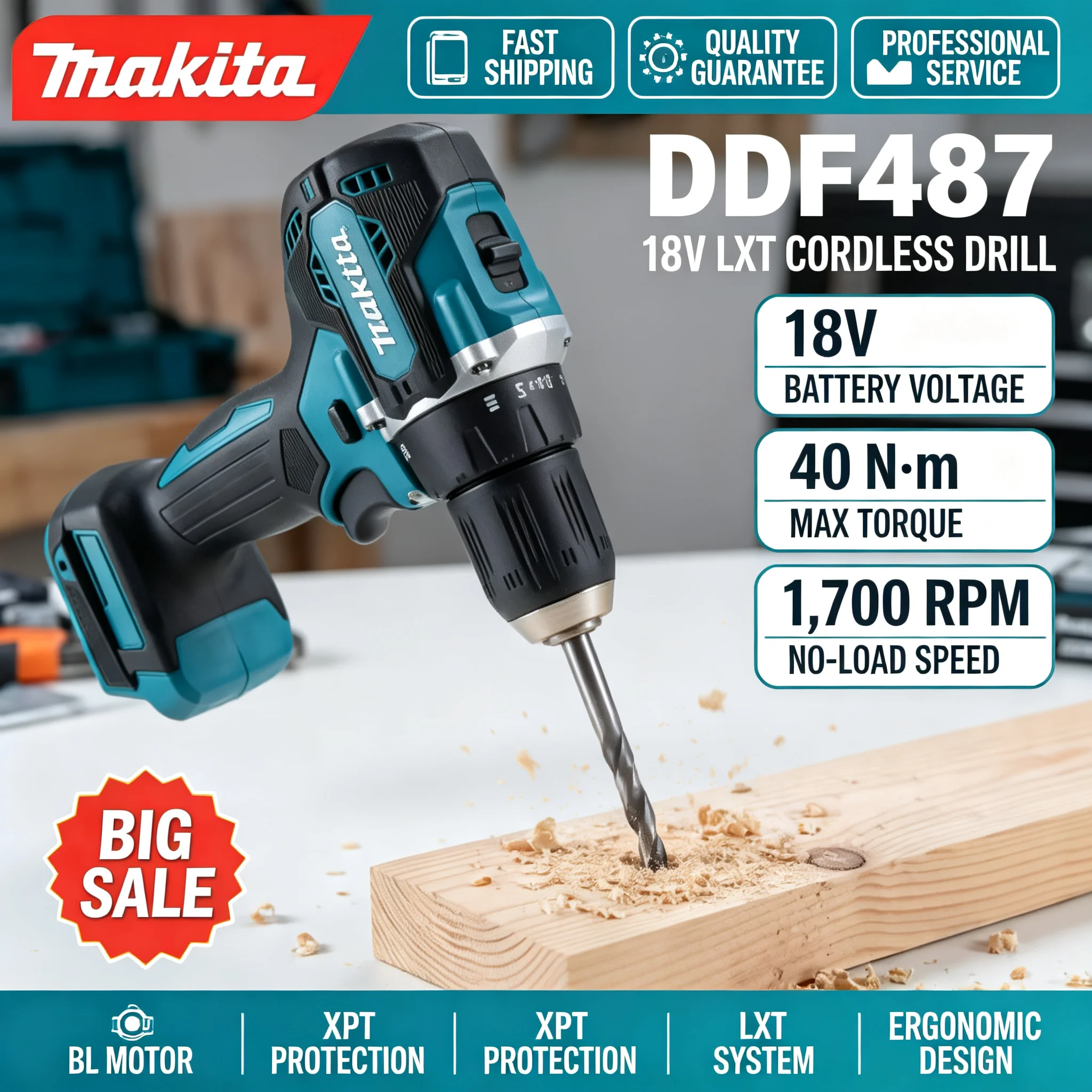Brushless Cordless Electric Drill 18V - マキタ DDF487 18V コードレス ブラシレス ドリル