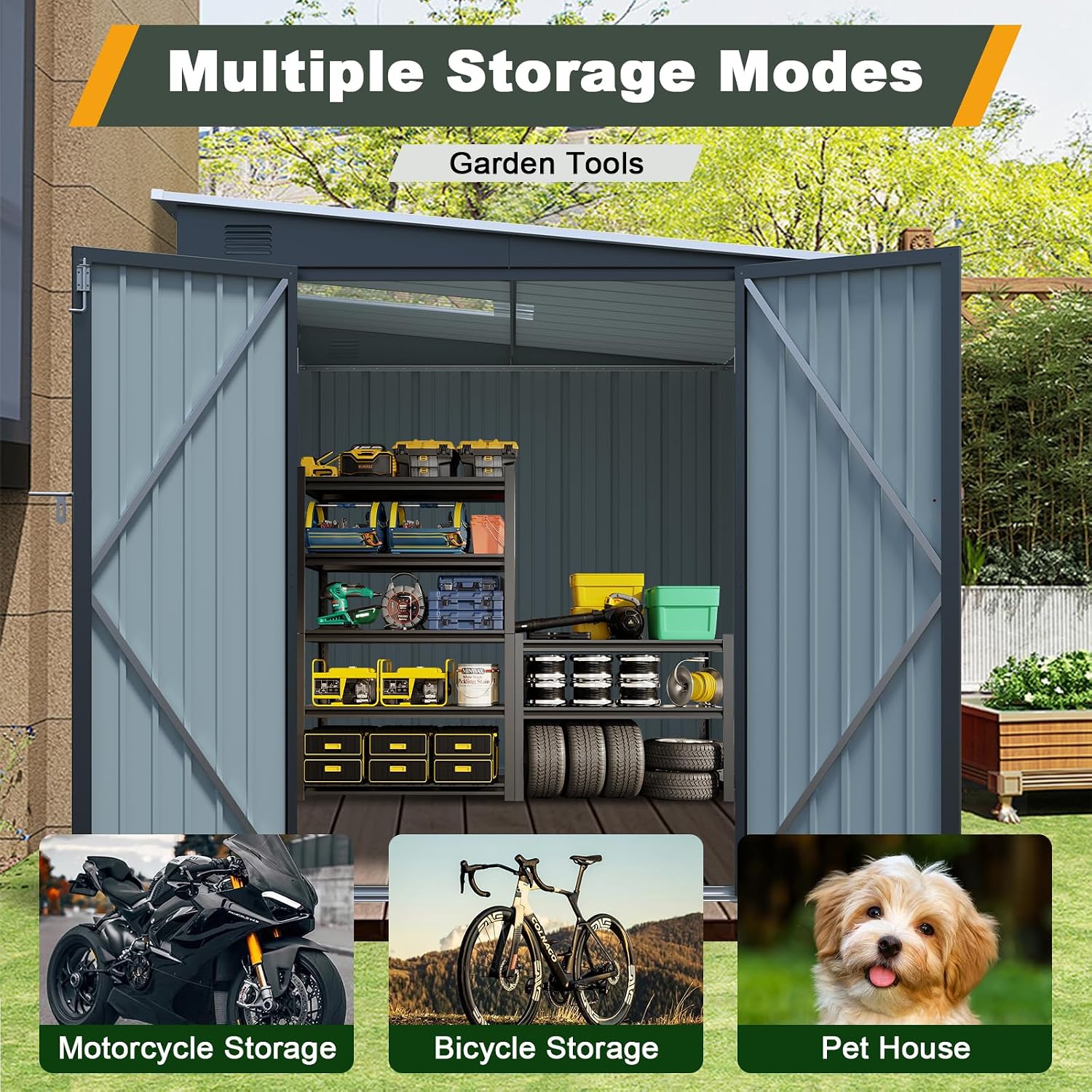 6フィート×8フィートの金属製傾斜型物置。鍵付きの二重扉、P - Garden Tools のレビューと価格