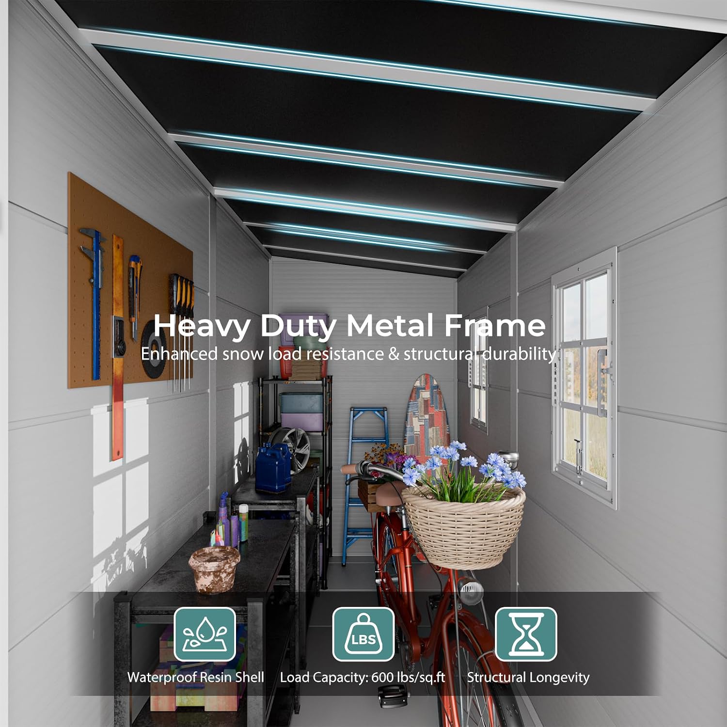 4フィート×8フィートの樹脂製屋外収納小屋。床と高さ調節可能 - Garden Tools のレビューと価格