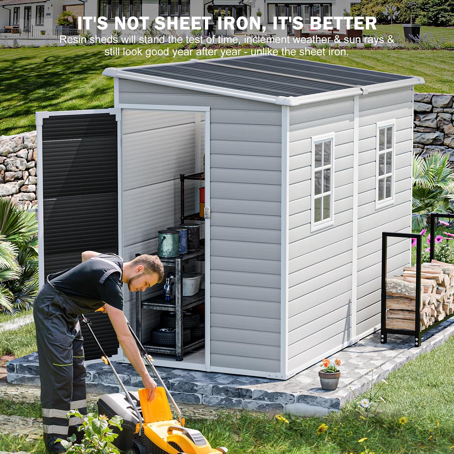 4フィート×8フィートの樹脂製屋外収納小屋。床と高さ調節可能 - Garden Tools のレビューと価格