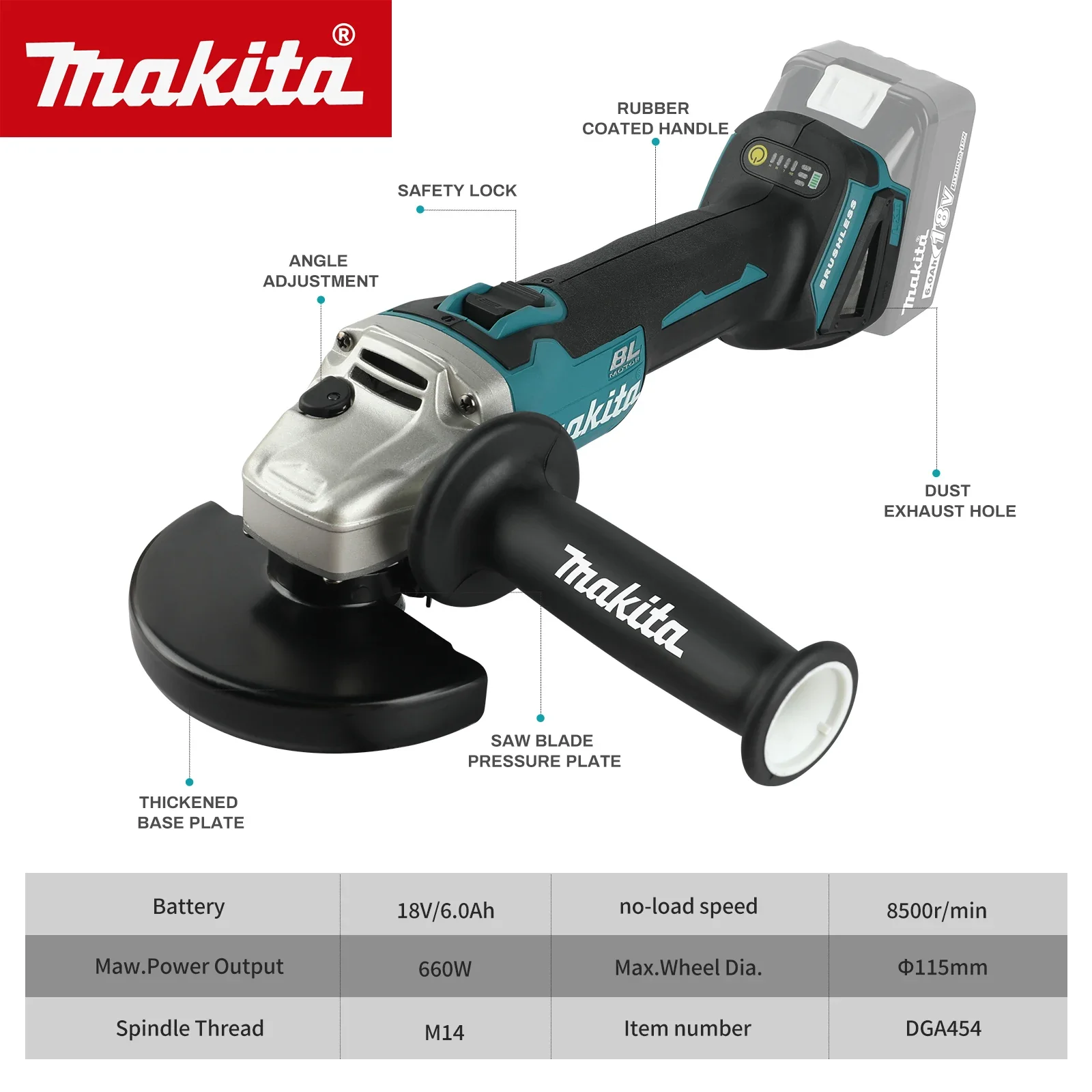 ブラシレスリチウムイオン式電動アングルグラインダー DGA4 - Brushless Angle Grinder Battery Powered のレビューと価格