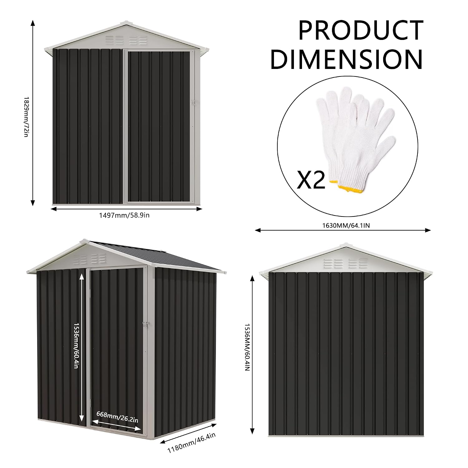 金属製の屋外収納小屋、サイズ5.4x4.3、蝶番付きドア、ガ - Garden Tools のレビューと価格